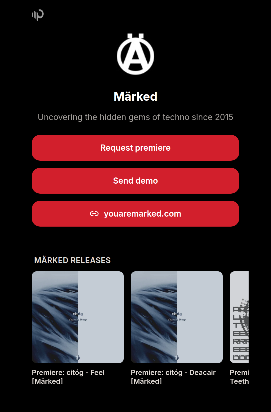 The Märked link in bio page - booking and demo buttons above an auto-updating release feed