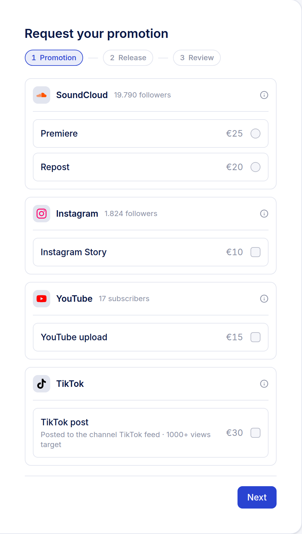 Booking form listing premiere, repost, Instagram, YouTube and TikTok services with their prices