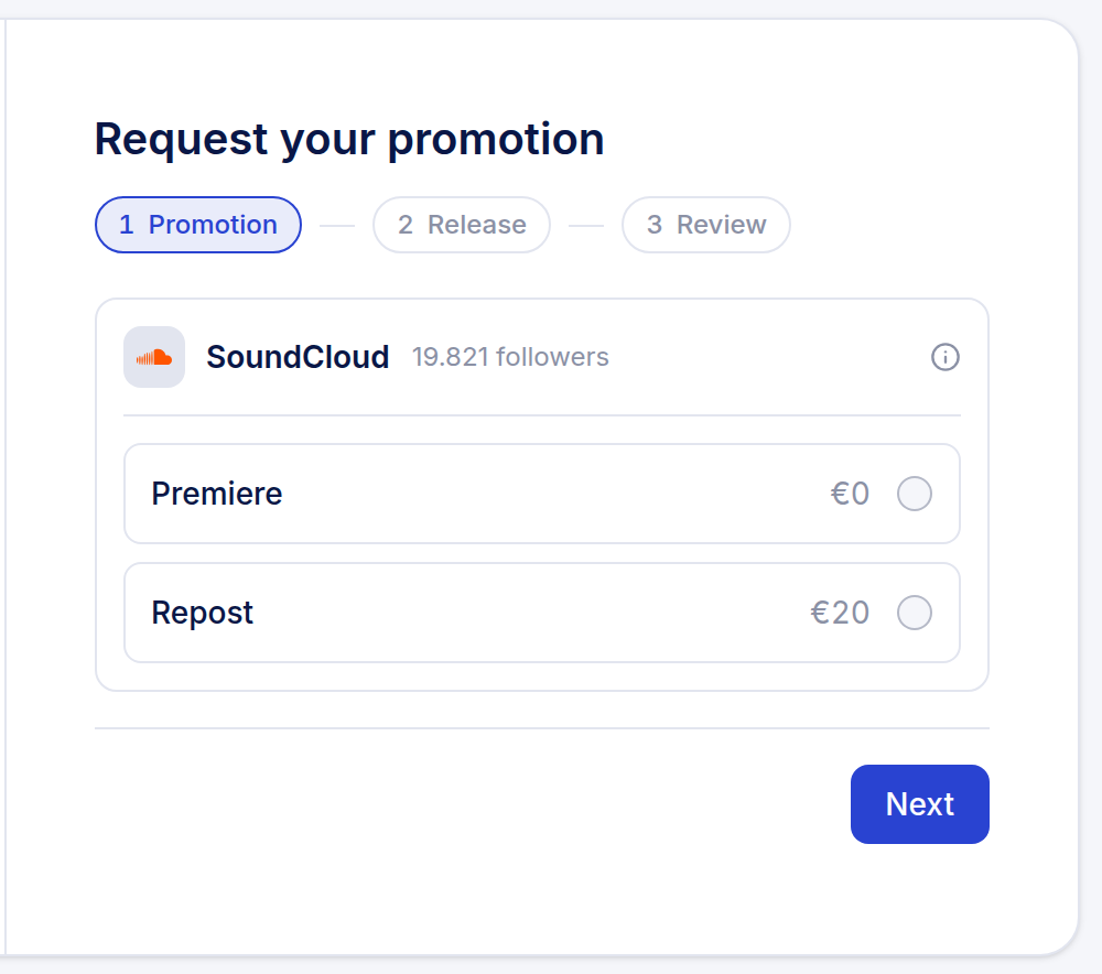 The Premierely booking page an artist fills in, showing service choice and prices
