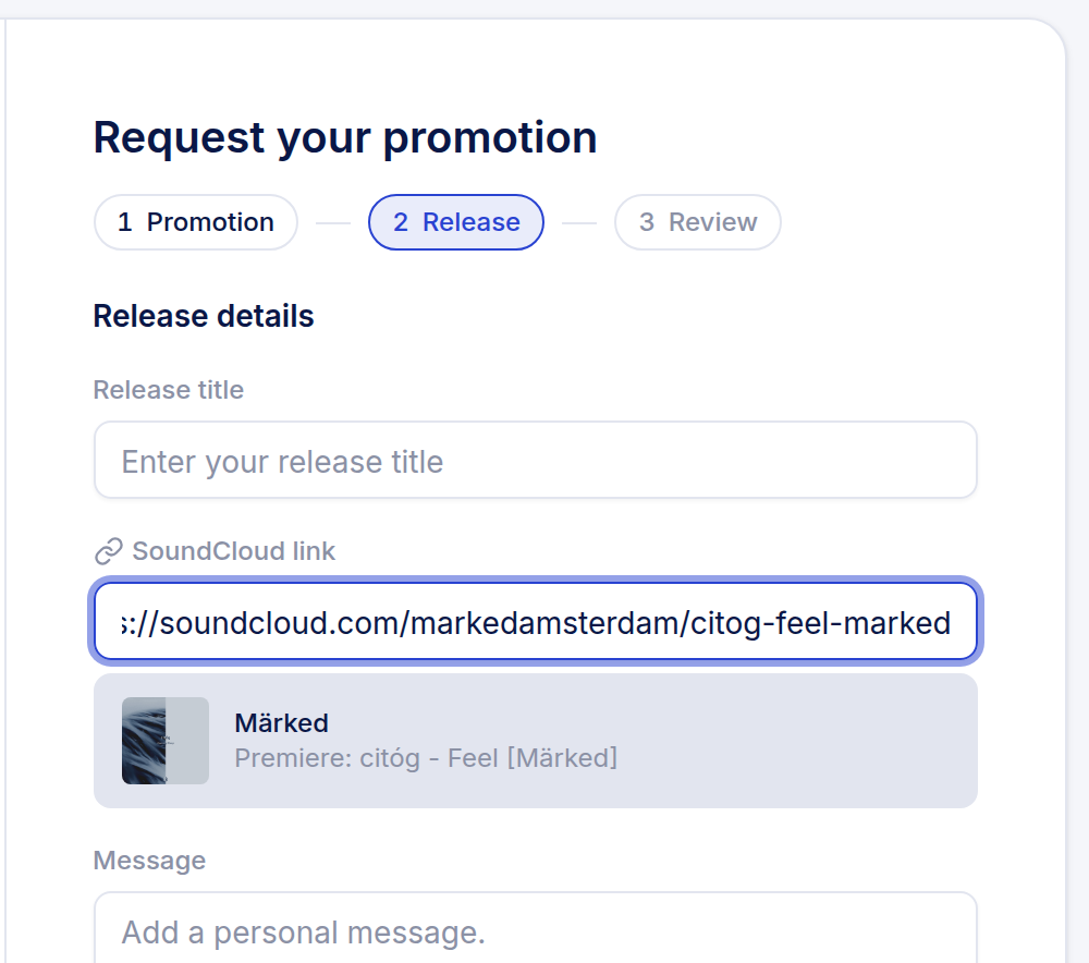 Premierely repost booking form - release step with the pasted SoundCloud link and its fetched track card
