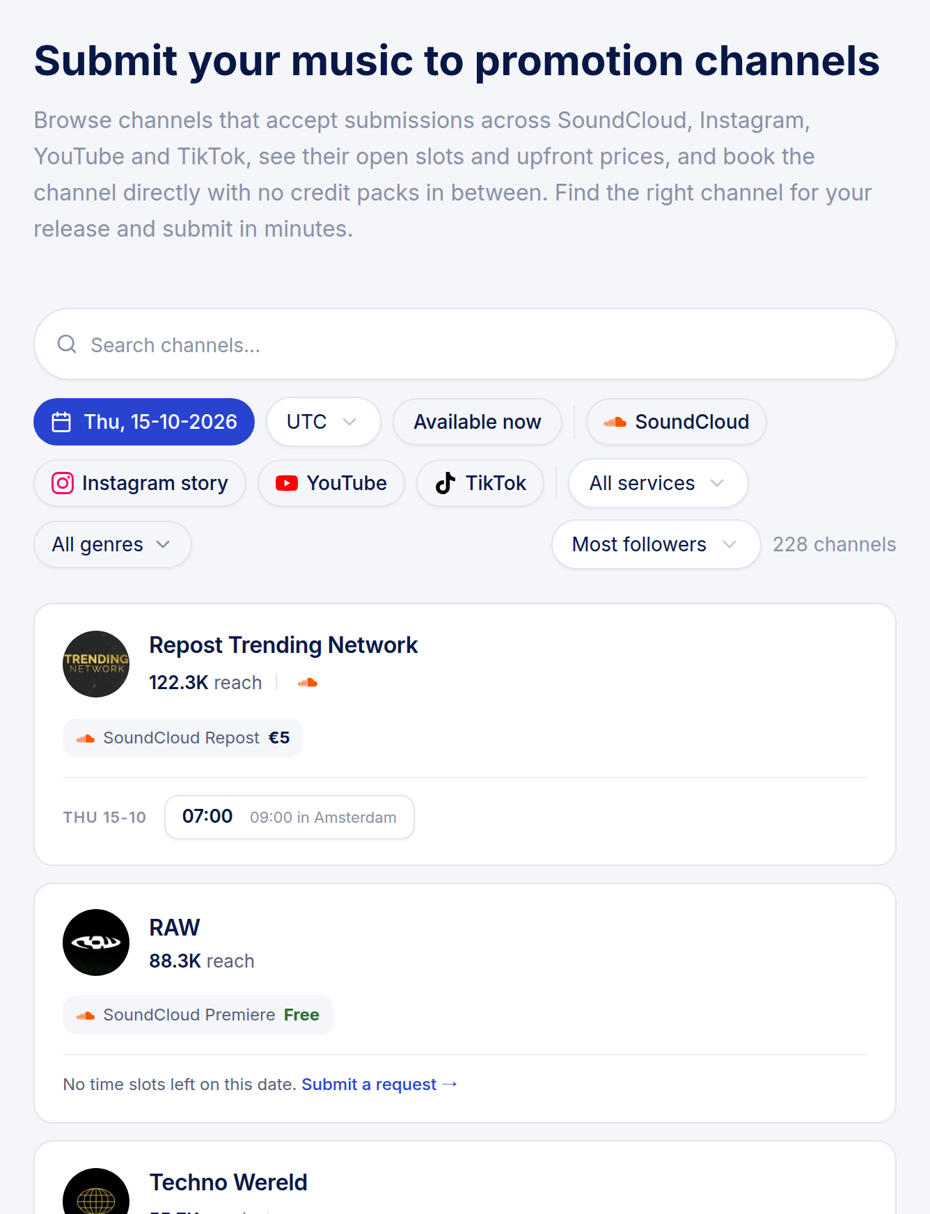 The Premierely channel listing with search, platform and genre filters