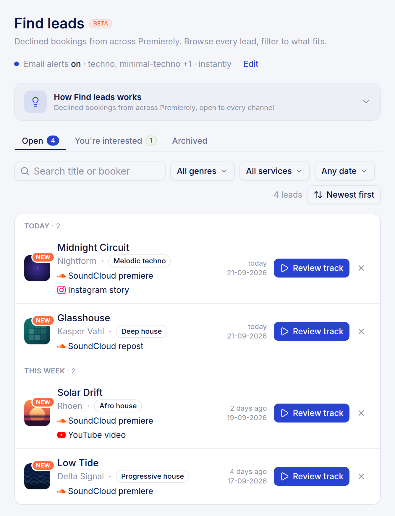 The Find leads page listing declined bookings with their genre, booked services and a Review track button
