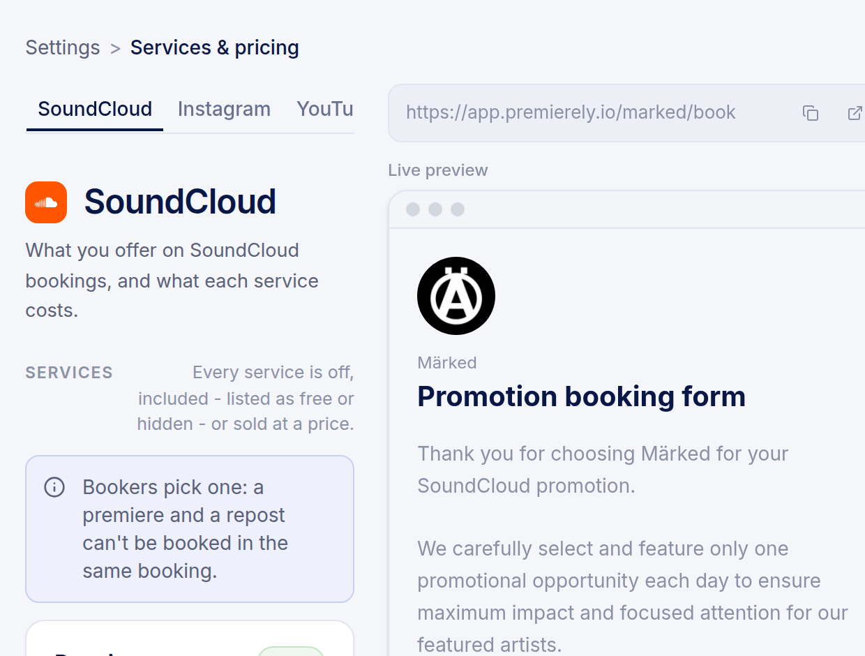 Premierely services and pricing settings - premiere price and service toggle