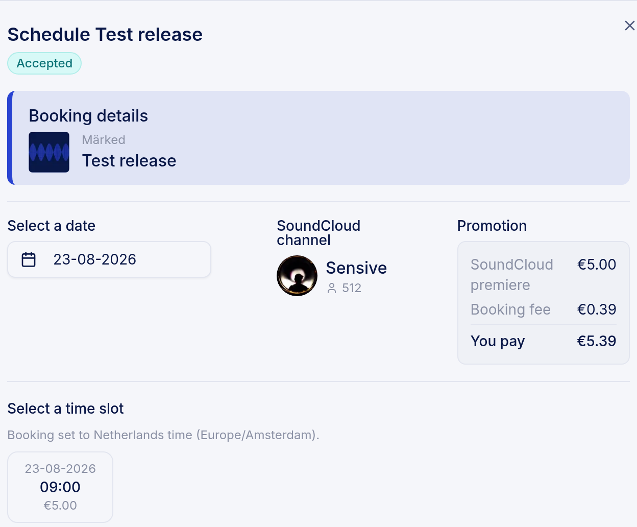 Premierely schedule dialog - accepted booking with its date, price breakdown and total the artist pays