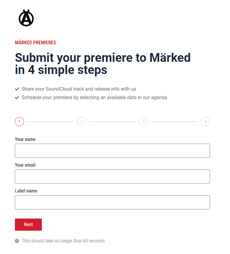 The old Märked premiere submission form, asking for name, email and label