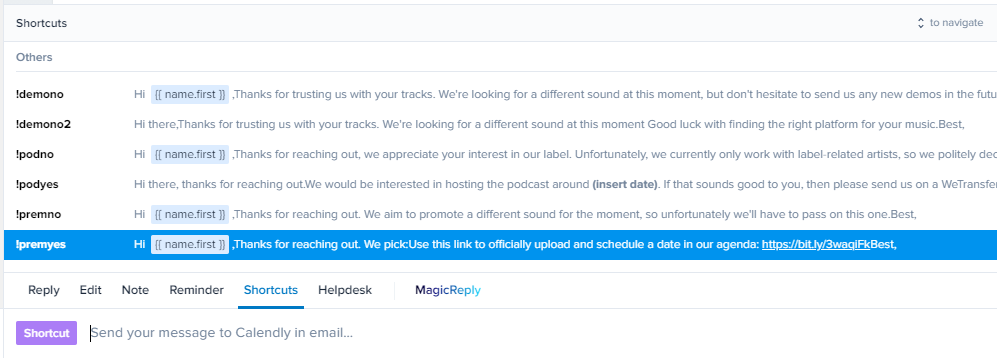A list of saved chat replies for accepting and declining premiere requests, each starting with a first-name placeholder