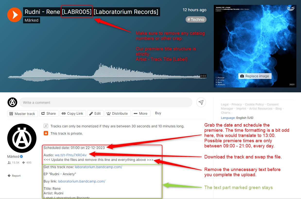 The old premiere upload screen, annotated by hand with the title, permalink, scheduling and audio-swap steps